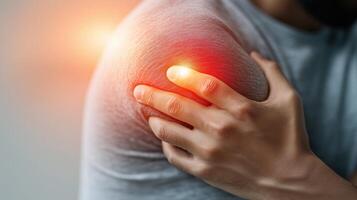 Close-up of a man experiencing shoulder pain, highlighting discomfort with a warm light effect and a focused expression. photo