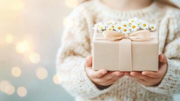 A child holding a beautiful gift box adorned with flowers and a ribbon, symbolizing joy and celebration. photo
