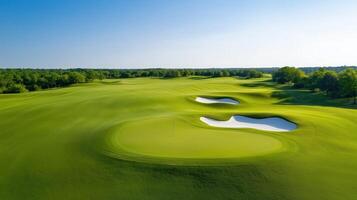 A scenic view of a lush green golf course with sand bunkers under a clear blue sky, perfect for golf enthusiasts and nature lovers. photo