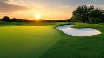 Scenic view of a golf course at sunset, featuring lush green grass and a serene water hazard reflecting the evening light. photo