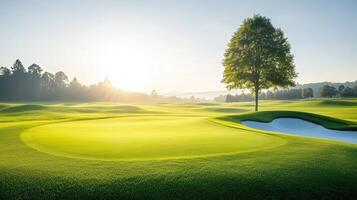 A serene golf course at sunrise, featuring lush green grass and a single tree, perfect for sports and nature enthusiasts. photo