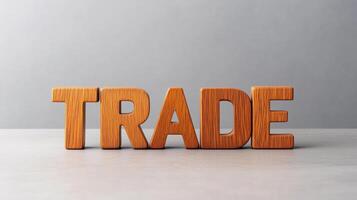 Stylish wooden letters spelling 'TRADE' on a minimalist background, perfect for business themes and commerce-related projects. photo