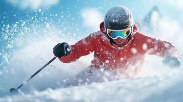 An energetic skier carving through fresh powder in a vibrant red jacket, showcasing the thrill of winter sports in a snowy landscape. photo