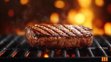 A perfectly grilled steak on a barbecue, showcasing grill marks and sizzling texture, ideal for food lovers and culinary enthusiasts. photo