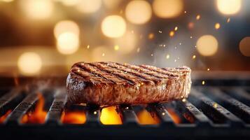 Grilled steak with perfect sear, sizzling on grill with sparks, highlighting delicious texture and smoky flavor. photo