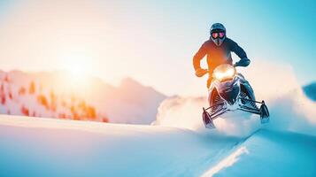 A thrilling snowmobile ride over pristine snow with a sunset backdrop, showcasing adventure and winter excitement. photo