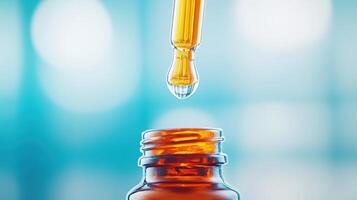 A close-up of a dropper releasing a drop of liquid from an amber bottle, illustrating precision and elegance in skincare. photo