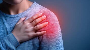 A close-up of a person holding their shoulder in discomfort, illustrating signs of shoulder pain and tension relief techniques. photo