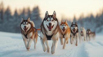 A team of huskies running joyfully in the snow, showcasing the spirit of adventure and teamwork in a winter landscape. photo