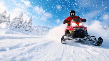 A thrilling snowmobile ride through a beautiful snowy landscape, capturing the excitement and adventure of winter sports. photo