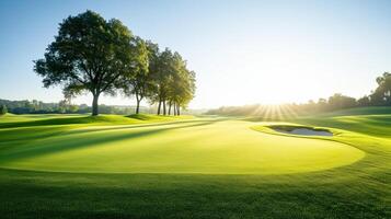 A serene view of a golf course at sunrise, showcasing lush greenery and a peaceful landscape perfect for golf enthusiasts. photo