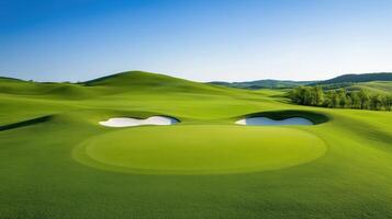 A serene golf course landscape showcasing lush green hills, pristine bunkers, and clear skies perfect for golfing enthusiasts. photo