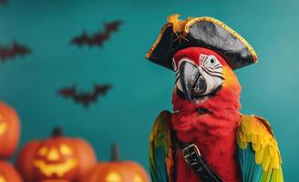 A colorful parrot dressed as a pirate, surrounded by spooky pumpkins and bats, perfect for Halloween-themed decorations. photo