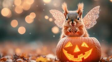 A cute squirrel with wings poses on a carved pumpkin, capturing the enchanting spirit of Halloween in a whimsical setting. photo