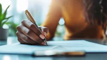 A close-up of a person's hand writing with a pen on paper, capturing the essence of focus and creativity in a modern workspace. photo