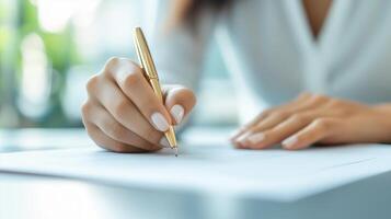 A close-up of a hand elegantly writing on a piece of paper with a golden pen, capturing the essence of creativity and focus. photo