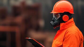 Worker in safety gear checks list with focus on safety regulations in industrial environment. photo