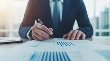 A business professional reviewing and annotating financial documents at a modern office desk with data charts. photo