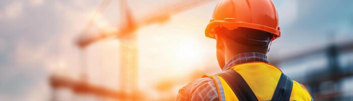 Construction worker in safety gear observes a building site during sunset, showcasing dedication and safety in the industry. photo