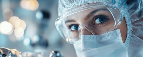 Close-up of a focused scientist wearing protective gear in a laboratory setting, highlighting the importance of safety and precision. photo