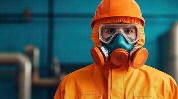 A worker in an orange protective suit and mask, exemplifying safety in an industrial environment. photo