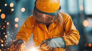A skilled welder wearing protective gear sparks bright flames while working in a workshop, showcasing craftsmanship and safety. photo