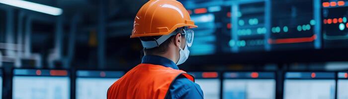 A focused worker in safety gear analyzes data on digital screens in a modern industrial environment. photo