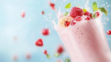 Refreshing raspberry smoothie bursting with flavor, topped with fresh fruit and mint for a vibrant summer treat. photo