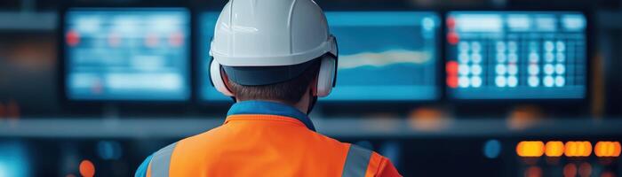 A construction worker monitors data on large screens, showcasing safety gear and high-tech environment for industrial operations. photo