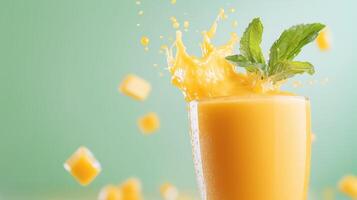 Fresh orange juice splashes with mint garnish, capturing a refreshing and vibrant moment in a bright setting. photo