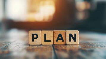 Creative wooden blocks spelling 'PLAN', symbolizing strategy and organization in a warm, inviting setting. photo