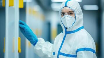 A healthcare worker in protective gear inspects a laboratory with a focused expression, emphasizing safety and professionalism. photo