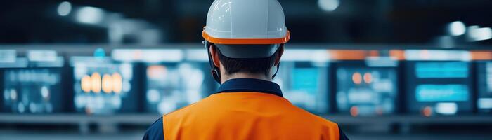Industrial worker in safety gear monitors control screens in a modern facility, ensuring efficient operations and safety protocols. photo