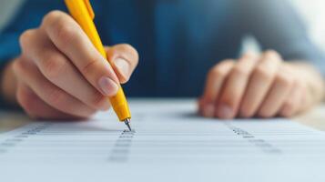 Person filling out a checklist with a yellow pen, demonstrating organization and attention to detail in a bright workspace. photo