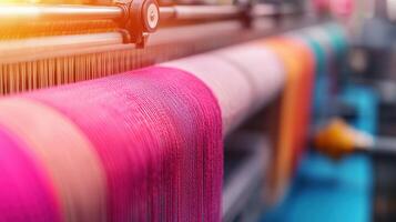 High-resolution capture of automated textile weaving machines, showing the fine details of fabric production technology. photo