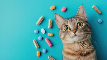 A curious cat surrounded by colorful pills on a vibrant turquoise background, capturing a playful and whimsical moment. photo