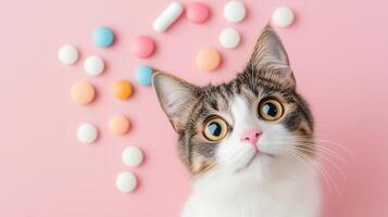 A curious cat with big eyes surrounded by colorful pills on a pink background. Perfect for veterinary or pet health themes. photo