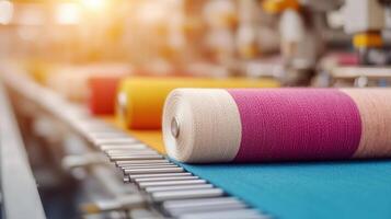 High-resolution capture of automated textile weaving machines, showing the fine details of fabric production technology. photo