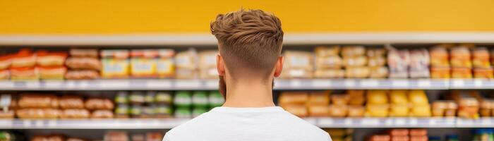 Man reading nutrition labels at a grocery store, healthy eating habits. photo