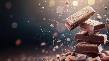 Delicious chunks of dark chocolate with cocoa beans, creating a rich and indulgent scene perfect for any chocolate lover. photo