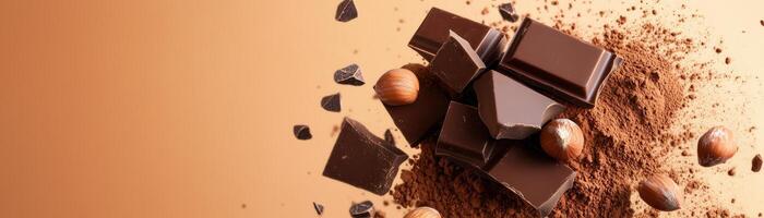 Delicious dark chocolate pieces with cocoa powder and nuts on a warm background, perfect for dessert or culinary themes. photo
