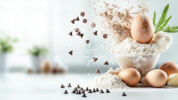 A creative arrangement of ingredients for baking, featuring eggs, flour, and chocolate chips in a bright kitchen setting. photo