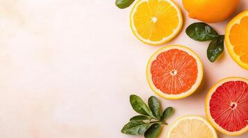 Vibrant tropical citrus fruits arranged on a light background, showcasing freshness and color in a healthy lifestyle. photo
