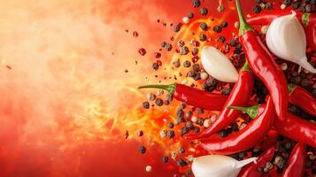 Vibrant red chili peppers with spices and garlic on a fiery background, capturing the essence of heat and flavor in cooking. photo