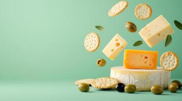 An appetizing display of floating cheese, crackers, and olives on a soft green background, perfect for food-related concepts. photo