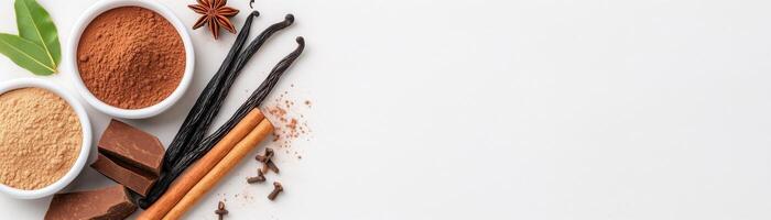 An assortment of spices arranged artfully on a clean surface, perfect for culinary presentations and food-related themes. photo