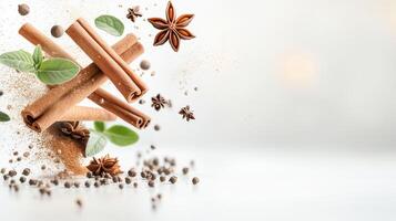 A visually appealing arrangement of spices and herbs with a soft background, perfect for culinary and wellness themes. photo