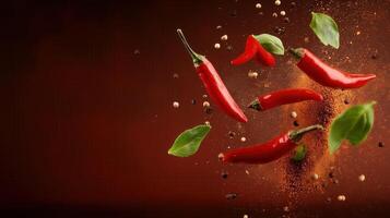 Vibrant red chili peppers surrounded by spices and fresh leaves, capturing the essence of culinary heat and flavor. photo