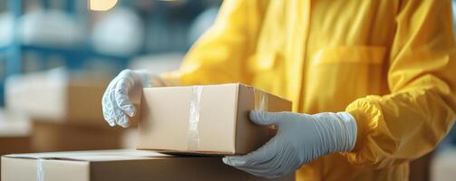 A worker in a yellow jacket carefully handles a cardboard box in a warehouse, showcasing safety and organization in shipping. photo