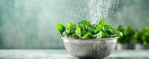 Fresh spinach leaves in a metal colander, perfectly washed and ready for cooking, with a sprinkle of salt for seasoning. photo